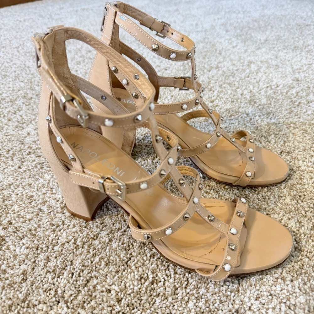Napoleoni Italy Nude Patent Leather Studded Gladiator Block Heel Sandals‎ EU 38